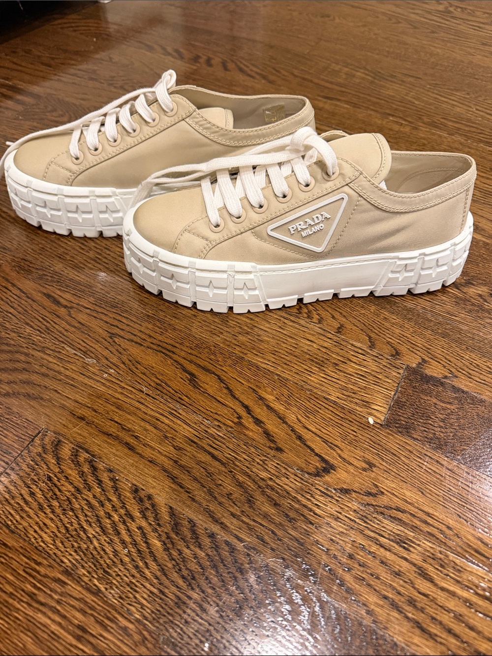 Prada Neutral-Tone Platform Lace-Up Sneakers - Picture 2 of 12